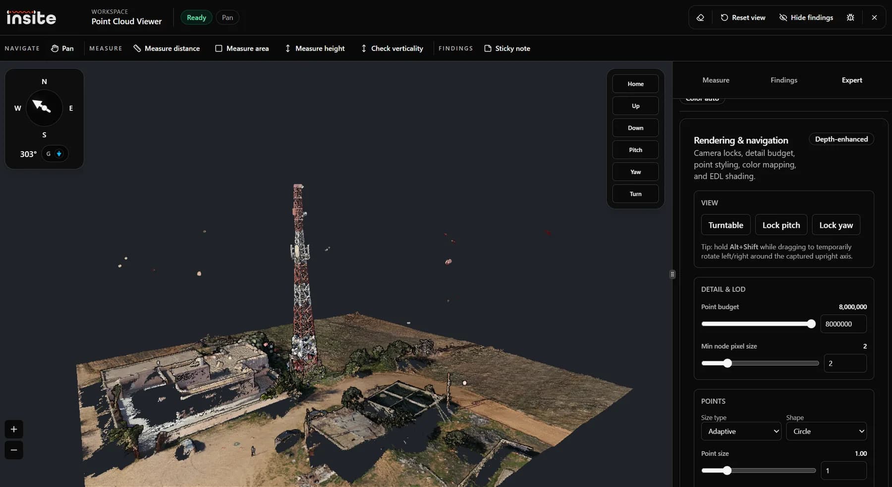 InSite point cloud viewer showing a 3D tower scene