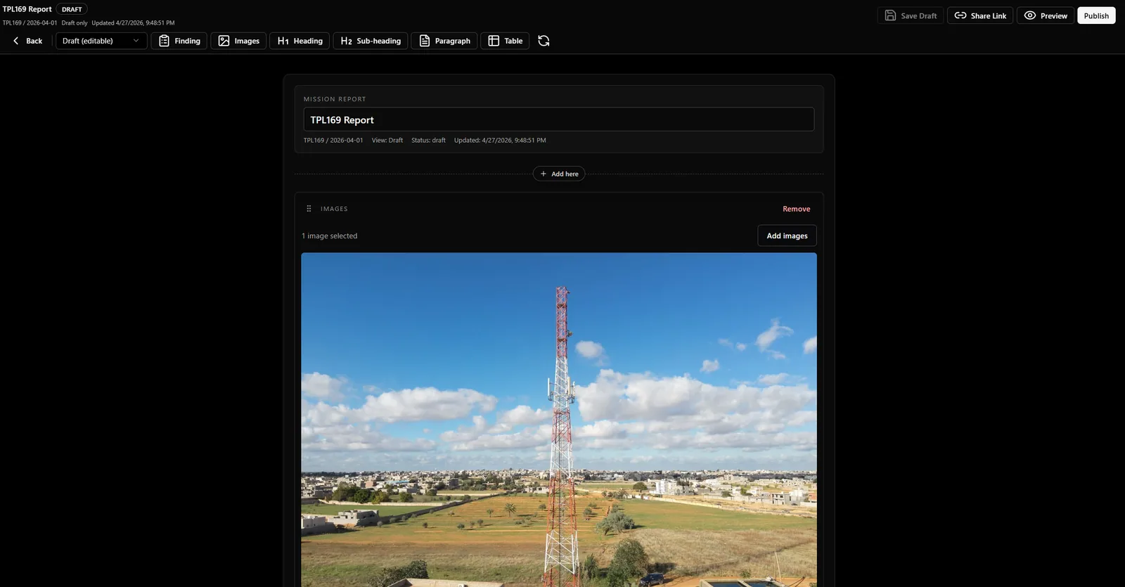 InSite report editor with findings, evidence, and publish controls